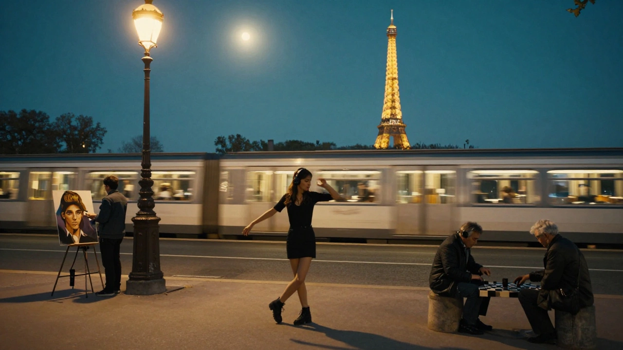 A woman dancing alone on a Paris bridge at night under moonlight, with a street artist and chess player nearby.
