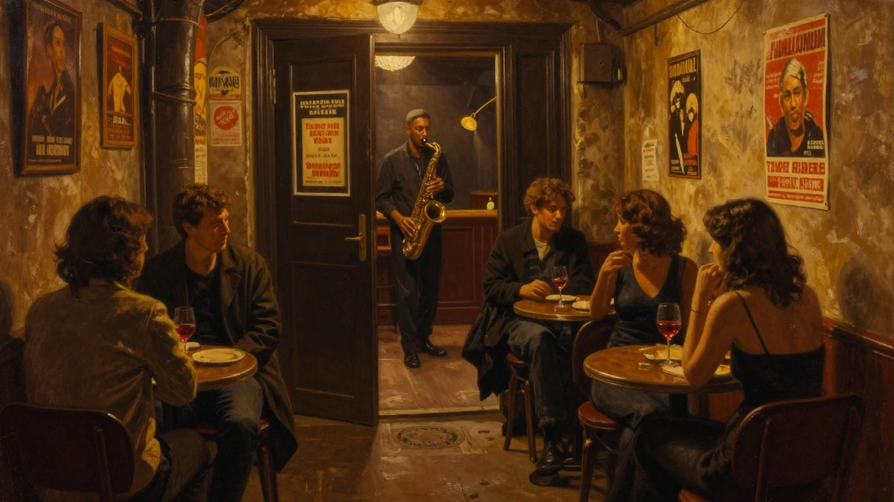 Intimate jazz bar interior with patrons listening to live music in warm, dim lighting.